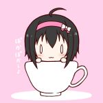  0_0 1girl :3 ahoge black_hair blush bow chibi closed_mouth cup hair_between_eyes hairband hands_up idolmaster idolmaster_cinderella_girls in_container in_cup kohinata_miho mini_person minigirl mitarashi_neko pink_background pink_hairband shadow solo teacup translation_request white_bow 