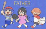  >_< 1girl 2boys :d alternate_costume ana_(mother) ana_(mother)_(cosplay) baseball_bat black_hair blue_eyes cai_(fire_emblem) closed_eyes commentary_request cosplay dress fire_emblem fire_emblem:_fortune's_weave frying_pan full_body glasses holding holding_baseball_bat holding_frying_pan ichimura_mmt lloyd_(mother) lloyd_(mother)_(cosplay) low_twintails mother_(series) mother_1 multiple_boys ninten ninten_(cosplay) orange_hair peter_(fire_emblem) pink_dress purple_hair smile tialla_(fire_emblem) trait_connection twintails walking 