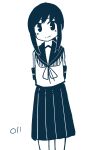  1girl arms_behind_back blue_theme closed_mouth commentary_request fubuki_(kancolle) kantai_collection looking_at_viewer low_ponytail ma_rukan pleated_skirt ponytail ribbon sailor_collar shirt short_hair short_sleeves sidelocks simple_background skirt smile solo split_mouth standing white_background 