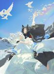  2boys alternate_hair_color animal_ears arm_up barefoot bird black_hair black_hanfu blue_sky carrying chinese_clothes cloud couple day dragon_boy dragon_horns eastern_dragon_horns english_commentary facial_mark fang fingernails floating_hair flying forehead_mark fox_boy fox_ears glassbearer grandmaster_of_demonic_cultivation hanfu headband highres horns hug hug_from_behind kemonomimi_mode lan_wangji long_hair long_sleeves looking_at_another looking_up male_focus mountain multiple_boys nail_polish open_mouth outdoors outstretched_arm piggyback ponytail reaching red_eyes red_nails robe sharp_fingernails sky smile wei_wuxian white_bird white_hair white_hanfu white_headband wide_sleeves xiao_guan_(headdress) yaoi yellow_eyes 