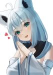  1girl absurdres ahoge animal_ears aqua_eyes bare_shoulders commentary fox_ears fox_girl hair_between_eyes highres hololive long_hair looking_at_viewer open_mouth rasyiiiii shirakami_fubuki shirakami_fubuki_(1st_costume) simple_background solo virtual_youtuber white_hair 