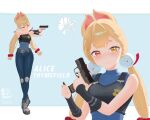  1girl absurdres aiming alice_thymefield alternate_costume animal_ears bare_shoulders blonde_hair blue_pants blue_shirt blush character_name full_body gun hair_ornament handgun harisen_w heterochromia highres holding holding_gun holding_weapon long_hair looking_at_viewer pants police police_uniform policewoman rabbit_ears rabbit_girl red_eyes shirt sleeveless smile solo sphere_hair_ornament springfield_armory_xd_mod.2 twintails upper_body weapon yellow_eyes zenless_zone_zero 