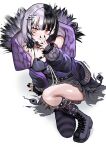  1girl bare_shoulders bath_yukata black_boots black_coat black_eyeliner black_hair black_nails black_skirt black_socks black_thighhighs blair04754 boots breasts chest_strap coat collarbone commentary dress english_commentary eyeliner fishnet_socks fishnets fur-trimmed_coat fur-trimmed_sleeves fur_trim hair_ornament hand_up highres hololive hololive_english japanese_clothes kimono long_sleeves makeup medium_breasts multicolored_hair nail_polish pleated_skirt purple_coat purple_dress ribbon shiori_novella showgirl_skirt simple_background sitting skirt socks solo spaghetti_strap spiked_legwear split-color_hair striped_clothes striped_thighhighs thighhighs thighs twitter_username two-sided_coat two-sided_fabric two-tone_hair virtual_youtuber white_background white_hair white_ribbon yellow_eyes yorick_(shiori_novella) yukata 