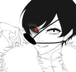  1girl black_clover black_hair black_sclera colored_sclera eyepatch fur_collar greyscale heterochromia highres looking_at_viewer mismatched_sclera monochrome red_eyes removing_eyepatch sakusan_903 smile spot_color vanica_zogratis white_background 