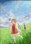  2girls animal_ears blonde_hair blue_sky bug butterfly cat_ears cat_girl cat_tail chen cloud cloudy_sky commentary fox_ears fox_girl fox_tail grasslands hat long_sleeves looking_at_animal looking_at_another mob_cap multiple_girls multiple_tails rumindo sky socks tail touhou white_socks yakumo_ran yellow_eyes 