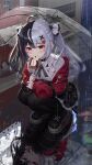  1girl absurdres black_choker black_hair black_pantyhose black_skirt choker drink_carton hair_ornament heart heart_hair_ornament highres holding holding_umbrella jacket juice juice_box lacrimosa_(nte) long_hair looking_at_viewer mouth_hold multicolored_hair neverness_to_everness pantyhose rain red_eyes red_jacket red_streaks shirt shoes skirt split-color_hair streaked_hair tomato_juice twintails two-tone_hair umbrella wanderlucia white_hair white_shirt white_shoes x_hair_ornament 