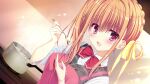 1girl apron bow bowtie braid buttons cooking_pot da_capo da_capo_iv double-breasted dutch_angle game_asset grey_vest hair_ribbon hands_up highres holding holding_spoon kitchen light_smile long_hair long_sidelocks long_sleeves non-web_source official_art open_mouth orange_hair oumi_sorane pink_apron plaid_clothes plaid_vest purple_eyes red_bow red_bowtie ribbon school_uniform shirt side_ponytail sidelocks sleeves_rolled_up spoon tanihara_natsuki tiles vest white_shirt 