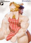  2boys absurdres antlers apron armpit_hair artist_name asgore_dreemurr bara beard biceps black_hair blonde_hair blush brown_fur bulge chest_hair commentary deltarune english_commentary english_text erection erection_under_clothes facial_hair floppy_ears furry furry_male goat_horns grabbing_another's_penis highres horns kneeling licking_lips looking_at_another male_focus moonelmalito multiple_boys muscular muscular_male naked_apron nipple_stimulation nipple_tweak nipple_tweak_through_clothes open_mouth patreon_logo patreon_username pectorals pink_apron reindeer_antlers reindeer_boy rudolph_holiday smile sweat tongue tongue_out twitter_username utdr_(toby_fox) veins veiny_arms very_sweaty web_address white_background white_fur yaoi 