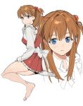  1girl blue_eyes blush bow breasts brown_hair commentary dress enmaided frills hair_ornament highres interface_headset_(evangelion) long_hair maid medium_breasts neon_genesis_evangelion red_dress rinami456 simple_background single_sock socks souryuu_asuka_langley white_background white_bow 