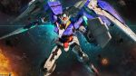  00_raiser absurdres battle beam_cannon beam_rifle copyright_notice energy_gun explosion gundam gundam_00 gundam_battle_operation_2 highres mecha mecha_focus mobile_suit nebula no_humans official_art realistic robot scene_reference science_fiction shield solo space star_(sky) sunrise_(company) tenjin_hidetaka thrusters v-fin war weapon zero_gravity 