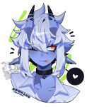  1girl absurdres black_choker blue_horns blue_oni blue_skin choker collarbone colored_skin commentary earrings english_commentary hair_between_horns heart highres horns jewelry looking_to_the_side multicolored_horns ny_000a one_eye_closed oni pointy_ears portrait red_eyes shirt short_hair simple_background skin-covered_horns solo soukaku_(zenless_zone_zero) spoken_heart tongue tongue_out two-tone_horns white_background white_hair white_shirt zenless_zone_zero 