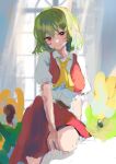  1girl ascot commentary_request curtains flower green_hair kazami_yuuka looking_at_viewer medium_hair red_eyes red_skirt red_vest shironeko_yuuki shirt skirt solo touhou vest white_shirt window yellow_ascot 