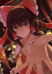  1girl absurdres ascot beckoning bow brown_eyes brown_hair closed_mouth commentary_request detached_sleeves frilled_bow frilled_hair_tubes frills gohei hair_bow hair_tubes hakurei_reimu highres holding holding_gohei long_hair looking_at_viewer luke_(kyeftss) reaching reaching_towards_viewer red_bow ribbon-trimmed_sleeves ribbon_trim smile solo torii touhou yellow_ascot 