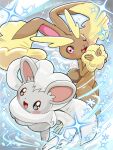  1girl black_eyes blue_background cinccino furry furry_female looking_at_viewer lopunny open_mouth pink_eyes pokemon pokemon_(creature) runachikku sparkle 