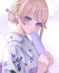  1girl alternate_costume asymmetrical_sidelocks blonde_hair blush closed_mouth commentary floral_print floral_print_kimono highres holding holding_tanzaku hololive hololive_dev_is japanese_clothes kimono krn838 looking_at_viewer multicolored_hair print_kimono purple_eyes purple_hair purple_kimono sidelocks solo streaked_hair tanzaku todoroki_hajime untranslatable_commentary upper_body virtual_youtuber white_kimono 