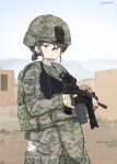  1girl acog american_flag ammunition_pouch artist_name assault_rifle black_gloves black_hair bottle brown_gloves bulletproof_vest camouflage camouflage_helmet camouflage_jacket camouflage_pants character_name chinstrap combat_helmet cowboy_shot day english_text flag_patch foregrip gloves green_helmet green_jacket green_shirt grey_shirt gun helmet helmet_writing highres holding holding_gun holding_weapon house jacket laser_sight load-bearing_vest long_sleeves looking_at_viewer m4_carbine medium_hair military military_combat_uniform military_rank_insignia military_uniform multicolored_gloves multicolored_helmet multicolored_jacket optical_sight original outdoors pants parted_lips patch pocket ponytail pouch purple_eyes rifle safety_glasses sand savankov shirt soldier solo tactical_gloves trigger_discipline united_states_army war_in_afghanistan water_bottle weapon yellow_gloves 
