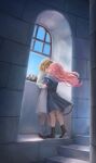  2girls ankle_socks black_dress black_shoes blue_sky bob_cut brown_hair commentary_request day dress floating_hair full_body hidarikata highres hug imminent_kiss indoors kimi_ga_shinu_made_koi_wo_shitai long_hair long_sleeves looking_at_another multiple_girls open_window pink_hair shoes short_hair sky socks spiral_staircase stairs standing white_dress white_socks window yuri 