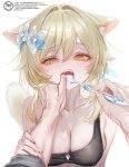  1boy 1girl animal_ear_fluff animal_ears black_tank_top blonde_hair blood blood_on_hand blush breasts brushing_another's_teeth cat_ears cat_girl cat_tail claw_mark collarbone commentary fang finger_in_another's_mouth genshin_impact highres large_breasts looking_at_viewer lumine_(genshin_impact) pottsness pov scratches short_hair_with_long_locks simple_background solo_focus tail tank_top tartaglia_(genshin_impact) tearing_up toothbrush untranslatable_commentary upper_body white_background yellow_eyes 