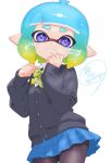  1girl 531_526 artist_name black_cardigan black_pantyhose blue_bow blue_hair blue_skirt blush bow cardigan clenched_hands closed_mouth collared_shirt commentary_request cowboy_shot dated gradient_hair green_hair hand_on_own_chin hands_up happy_birthday highres inkling inkling_girl inkling_player_character long_sleeves multicolored_hair pantyhose pleated_skirt pointy_ears purple_eyes school_uniform shirt short_eyebrows short_hair simple_background skirt sleeves_past_wrists solo splatoon_(series) striped_bow tentacle_hair twitter_username white_background white_shirt yellow_bow 
