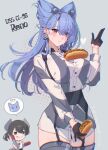  2girls black_gloves black_hair blue_hair breasts character_name food food_on_body food_on_breasts garter_straps gloves grey_shirt grey_thighhighs half_gloves headgear himeyamato historical_connection holding holding_food hot_dog hot_dog_bun i-41_(kancolle) kantai_collection large_breasts long_hair multiple_girls mustard number_earrings one-piece_swimsuit pointy_hair red_eyes reno_(kancolle) sailor_collar school_swimsuit sexually_suggestive shirt star_on_cheek swimsuit swimsuit_under_clothes thighhighs two-tone_shirt very_long_hair white_sailor_collar white_shirt 