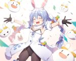  1girl ^_^ animal_ears armpits bare_shoulders black_gloves black_leotard black_pantyhose blue_hair braid breasts carrot_hair_ornament closed_eyes coat coat_dress commentary_request confetti detached_sleeves dress extra_ears flat_chest food-themed_hair_ornament fur-trimmed_coat fur-trimmed_gloves fur_scarf fur_trim gloves hair_ornament hololive leotard leotard_under_clothes long_hair multicolored_hair official_artist_extra open_mouth outstretched_arms pantyhose pekomon_(usada_pekora) playboy_bunny puffy_detached_sleeves puffy_short_sleeves puffy_sleeves rabbit_ears rabbit_girl scarf short_eyebrows short_sleeves sidelocks small_breasts smile strapless strapless_leotard teeth thick_eyebrows twin_braids two-tone_hair upper_teeth_only usada_pekora usada_pekora_(1st_costume) virtual_youtuber white_coat white_hair white_scarf white_sleeves yuuki_hagure 