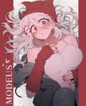  1girl absurdres arm_warmers beanie bed_sheet black_horns blush breasts camisole character_name cleavage clothes_down commentary_request cropped_shirt demon_girl demon_horns grey_jacket hand_on_own_chest hand_on_own_stomach hat heart heart-shaped_pupils helltaker highres horns jacket knees_up korean_commentary large_breasts long_hair looking_at_viewer lying midriff misg1111 modeus_(helltaker) nail_polish navel on_back on_bed open_clothes open_jacket open_mouth outside_border pants pillarboxed pink_nails red_arm_warmers red_eyes red_hat solo symbol-shaped_pupils torn_clothes torn_pants white_camisole white_hair 