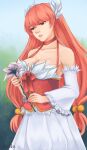  1girl absurdres breasts brown_eyes choker cleavage commentary corset cowboy_shot detached_sleeves dress english_commentary flower frilled_sleeves frills gradient_background green_background highres holding holding_flower long_hair medium_breasts official_alternate_costume pink_hair ragnarok_online red_choker red_corset sleeveless sleeveless_dress soehlu solo very_long_hair wanderer_(ragnarok_online) white_dress white_flower white_sleeves 