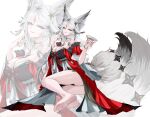  1girl absurdres animal_ears ass bare_shoulders barefoot black_dress black_panties breasts bright_moon chest_tattoo closed_mouth commentary_request cup dress feet fingernails forehead_tattoo fox_ears fox_girl fox_tail hair_ornament hands_up highres holding holding_cup hsin_(wuthering_waves) large_breasts long_fingernails looking_at_viewer orange_eyes panties simple_background smile soles solo tail tattoo thighs toes underwear whip wuthering_waves zoom_layer 