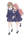  2girls :d absurdres ahoge arm_hug black_shoes bob_cut brown_hair closed_mouth commentary dress eye_contact full_body green_eyes highres kimi_ga_shinu_made_koi_wo_shitai kneehighs leg_up long_hair long_sleeves looking_at_another looking_to_the_side mary_janes multiple_girls open_mouth pink_eyes pink_hair purple_dress sailor_collar sailor_dress school_uniform sheepexosu shoes simple_background sketch sleeve_cuffs smile socks totsuki_shiina untranslatable_commentary very_long_hair walking white_background white_sailor_collar white_socks 