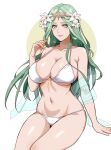  1girl alternate_costume bare_arms bare_shoulders bikini breasts cleavage closed_mouth collarbone fire_emblem fire_emblem:_three_houses flower green_eyes green_hair hair_flower hair_ornament hand_up highres large_breasts long_hair looking_at_viewer navel ootuk pointy_ears rhea_(fire_emblem) see-through_clothes see-through_veil sideboob simple_background smile solo stomach swimsuit thighs tiara underboob variant_set veil very_long_hair white_background white_bikini 