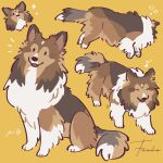  :< absurdres animal_focus closed_eyes closed_mouth commentary dog english_commentary full_body highres looking_at_viewer musical_note no_humans notice_lines original rinrinwolf rough_collie signature simple_background sparkle yellow_background 