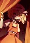  1girl ascot blonde_hair collared_shirt commentary_request crystal crystal_wings curtains flandre_scarlet frilled_shirt_collar frills hat hat_ribbon highres illust_atelier3 looking_at_viewer mob_cap open_mouth partially_shaded_face pointy_ears puffy_short_sleeves puffy_sleeves red_eyes red_skirt red_vest red_wrist_cuffs ribbon shirt short_sleeves signature skirt skirt_set smile solo touhou vest white_hat white_shirt wings wrist_cuffs yellow_ascot 