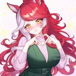  1girl absurdres ainniaaain animal_ears blush breasts casual closed_mouth commentary commission dress english_commentary four-finger_heart_hands green_dress hair_between_eyes hair_ornament heart heart_hands heart_on_cheek highres horse_ears horse_girl horse_tail large_breasts long_hair long_sleeves looking_at_viewer loves_only_you_(casual)_(umamusume) loves_only_you_(umamusume) mole mole_on_neck multicolored_hair pink_shirt red_hair shirt smile solo tail umamusume yellow_eyes 