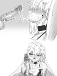  1girl absurdres after_fellatio archetype_earth archetype_earth_(third_ascension) arcueid_brunestud armpits arms_up bare_shoulders blue_notuki blush bra breasts choker commentary_request cum cum_in_mouth cupless_bra erection fate/grand_order fate_(series) flower greyscale hair_flower hair_ornament hetero highres large_breasts long_hair looking_at_viewer monochrome nipples open_mouth penis solo sweat testicles tongue tongue_out uncensored underwear very_long_hair 