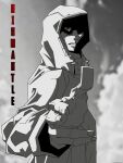  1boy aura camronode5 cloud cloudy_sky commentary english_commentary greyscale hand_up highres hood hooded_jacket itadori_yuji jacket jujutsu_kaisen jujutsu_kaisen_modulo male_focus monochrome parted_lips red_eyes scar scar_on_face scar_on_mouth simple_background sky solo spot_color 