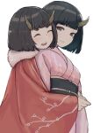  2girls :d black_eyes black_hair blunt_bangs blush bob_cut bouhuman breasts character_request closed_eyes closed_mouth copyright_request fur-trimmed_kimono fur_trim highres horns hug hug_from_behind japanese_clothes kimono long_sleeves looking_at_another multiple_girls obi open_mouth sash short_hair siblings simple_background sisters smile teeth upper_teeth_only white_background wide_sleeves yuri 