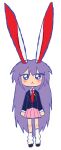  1girl :< absurdres animal_ears black_jacket black_shoes blazer blush chibi chibi_only collared_shirt commentary crescent_ornament english_commentary highres jacket kneehighs long_hair long_sleeves looking_at_viewer loose_socks necktie outline pink_skirt pleated_skirt purple_eyes purple_hair purple_outline pyon4ever rabbit_ears rabbit_girl red_necktie reisen_udongein_inaba shirt shoes signature skirt socks solo straight-on touhou very_long_ears very_long_hair white_background white_shirt white_socks 