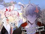  1boy 2girls ahoge anger_vein animal_ears arrow_(symbol) awesome_lesbian_couple_(meme) black_choker black_jacket black_skirt blue_eyes blue_jacket blue_skirt blue_sky blurry blurry_background blush book bow bowtie bright_pupils building buttons caelus_(honkai:_star_rail) caelus_(vim_and_vigor)_(honkai:_star_rail) chinese_clothes choker closed_mouth clothes_around_waist collarbone collared_shirt day english_commentary english_text evanescia_(honkai:_star_rail) flower flower_ornament fox_ears fox_girl grumpy hair_bow hand_up hands_up highres holding holding_book honkai:_star_rail honkai_(series) hood hooded_jacket in-universe_location jacket lips long_sleeves looking_at_another looking_at_object looking_down looking_up march_7th_(honkai:_star_rail) march_7th_(preservation)_(honkai:_star_rail) meme multicolored_eyes multiple_girls official_alternate_costume open_book open_clothes open_jacket open_mouth outdoors pink_hair pivkamne planarcadia_(honkai:_star_rail) pleated_skirt puffy_long_sleeves puffy_sleeves purple_eyes reading red_bow red_bowtie red_jacket ribbon-trimmed_sleeves ribbon_trim shirt sidelocks skirt sky smile standing tangzhuang teeth tongue topknot trailblazer_(honkai:_star_rail) two-sided_fabric two-sided_jacket upper_body v-shaped_eyebrows white_flower white_jacket white_pupils white_shirt wide_sleeves window yellow_eyes 