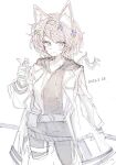  1girl animal_ears arknights aroma_(arknights) black_pants blue_eyes braid brown_hair cowboy_shot dated flower gloves hair_flower hair_ornament holding holding_vial hosakana jacket long_hair open_clothes open_jacket pants ponytail purple_flower simple_background smile solo sweater vial white_background white_flower white_gloves wolf_ears wolf_girl 