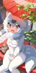  1girl :3 absurdres animal_ears baggy_pants bench blue_eyes blush bow bowtie brown_hair commentary_request commission fur_collar hair_between_eyes hands_on_lap highres hondo_tanuki_(kemono_friends) kemono_friends kemono_friends_3 koutsuu_(koutuukanseikan) long_sleeves looking_at_viewer looking_up multicolored_hair open_mouth pants parasol pixiv_commission puffy_sleeves raccoon_ears raccoon_girl raccoon_tail revision sailor_collar short_hair sidelocks sitting smile solo sweater tail two-tone_hair umbrella white_bow white_bowtie white_fur white_hair white_pants white_sweater 