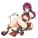  1girl breasts chinese_clothes cleavage dolphin_wave full_body game_asset grey_eyes hair_intakes highres holding holding_smoking_pipe kiseru kurenashi_yuuri leaning_back long_bangs long_hair non-web_source official_alternate_costume official_art ootomo_takuji platform_heels ponytail purple_hair self-datamine sharp_teeth single_bang sitting smoking_pipe solo teeth transparent_background underboob 