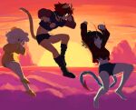 3girls absurdres aeiou_(yoako) animal_ear_fluff animal_ear_piercing animal_ears antennae arms_up backlighting black_boots black_choker black_hair black_shorts boots borrowed_character cat_ears cat_girl cat_tail choker clenched_teeth cloud commentary crocs egg_(lemyawn) english_commentary from_side full_body furry furry_female glasses highres jumping knee_boots long_sleeves midriff multicolored_hair multiple_girls nail_polish navel original red_eyes red_hair sasha_(yoako) sharp_teeth shirt short_hair short_shorts shorts striped_clothes striped_shirt sun sunset sweater t-shirt tail teeth torn_clothes torn_shirt two-tone_hair yellow_sweater yoako 