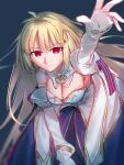  1girl absurdres antenna_hair archetype_earth arcueid_brunestud backless_dress backless_outfit blonde_hair blue_background blue_ribbon breasts cleavage detached_sleeves dress fate/grand_order fate_(series) gloves gold_trim hair_between_eyes high_collar highres kizzif0012 leaning_forward long_hair looking_at_viewer medium_breasts outstretched_arm outstretched_hand reaching reaching_towards_viewer red_eyes ribbon simple_background single_hair_intake sketch smile tsukihime tsukihime_(remake) two-tone_dress very_long_hair white_gloves white_sleeves 