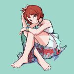  1girl absurdres arezu_(pokemon) arezu_(summer_2026)_(pokemon) bare_shoulders barefoot bracelet breasts collarbone criss-cross_halter dress ffccll floral_print halterneck highres jewelry looking_at_viewer official_alternate_costume open_mouth pokemon pokemon_masters_ex red_eyes red_hair short_hair simple_background sitting sleeveless sleeveless_dress smile white_dress 
