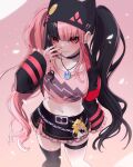  1girl belt black_belt black_choker black_hair black_hat black_skirt blush character_doll choker commentary doll grin grizzbolt hat highres jewelry looking_at_viewer midriff multicolored_hair navel necklace palworld pink_eyes pink_hair rawder skirt smile solo stomach twintails two-tone_hair zoe_rayne 