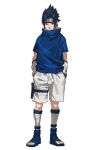 1boy absurdres bandages black_hair blue_shirt curtained_hair detached_sleeves hands_in_pockets headband high_collar highres kneehighs looking_at_viewer makitoshi0316 male_focus middle_part naruto_(classic) naruto_(series) open-toe_boots shirt shorts socks solo spiked_hair standing t-shirt thigh_strap uchiha_sasuke white_background white_shorts 