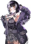  1girl arm_up belt black_belt black_hair blair04754 blush breasts chest_strap cleavage closed_mouth commentary dress english_commentary fur-trimmed_hood fur-trimmed_jacket fur_trim hand_up highres hololive hololive_english hood hooded_jacket jacket large_breasts layered_skirt multicolored_hair open_clothes open_jacket pleated_skirt purple_dress purple_jacket purple_skirt purple_thighhighs ribbon shiori_novella showgirl_skirt sideboob single_thighhigh skirt smile solo split-color_hair thighhighs twitter_username virtual_youtuber white_ribbon yellow_eyes 