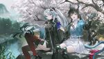  2girls absurdres animal_ears arcane_(arknights) arknights arknights:_endfield arm_support belt belt_pouch bird_ears bird_girl black_coat black_hair blue_eyes blue_jacket boots braid breasts brown_eyes chen_qianyu_(arknights) coat commentary_request cropped_jacket curtained_hair dragon_girl dragon_horns dragon_tail eastern_dragon_horns eastern_dragon_tail elbow_gloves facial_mark feet_out_of_frame floating_hair forehead_mark gloves gradient_hair grey_hair half_up_braid hand_on_own_knee hands_up head_wings headgear high-waist_belt highres horns jacket knee_boots knee_up long_hair looking_at_viewer mandaring0 medium_breasts multicolored_hair multiple_girls open_mouth outdoors pear_blossoms pelvic_curtain pleated_skirt ponytail pouch red_thighhighs river sitting skirt tail teeth thighhighs tree two-sided_gloves upper_teeth_only walkie-talkie white_skirt wings 