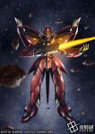  asteroid beam_rifle commentary_request company_name copyright_logo copyright_name copyright_notice energy_gun energy_sword green_eyes gun gundam gundam_age gundam_card_game hi-go! holding holding_energy_gun holding_gun holding_sword holding_weapon logo mecha mecha_focus mobile_suit no_humans official_art robot science_fiction solo space sword v-fin weapon zeydra 