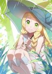  1girl blonde_hair blush braid commentary_request dress forest grass green_eyes hat highres kneehighs lillie_(pokemon) long_hair looking_at_viewer nature outdoors pokemon pokemon_sun_and_moon rain sleeveless sleeveless_dress smile socks squatting sun_hat taisa_(lovemokunae) twin_braids umbrella white_dress white_hat 